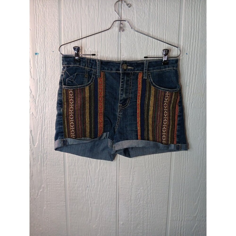 1st Kiss Shorts Womens 7 Juniors Denim Tapestry Panels Medium Wash Blue Stretch